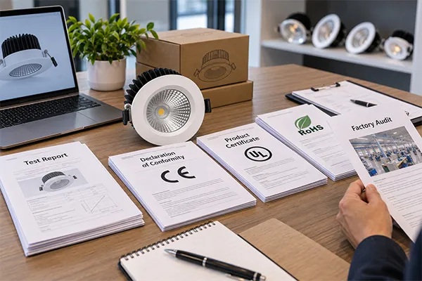 LED downlight certification documents including test reports declarations and product labels
