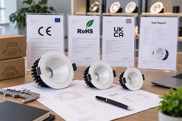 CE RoHS UKCA and LED downlight test report comparison
