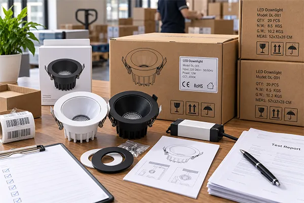 LED downlight labels packaging and documents LED downlights export packaging with product rating labels cartons manuals and document review