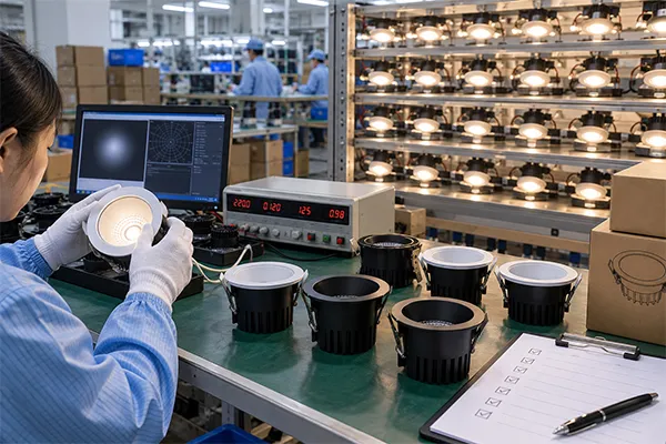 LED downlight aging test and quality control LED downlights undergoing aging tests and quality control inspection before export shipment