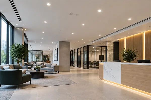 Commercial LED Downlights in Commercial Interiors Commercial LED downlights installed in a modern commercial ceiling