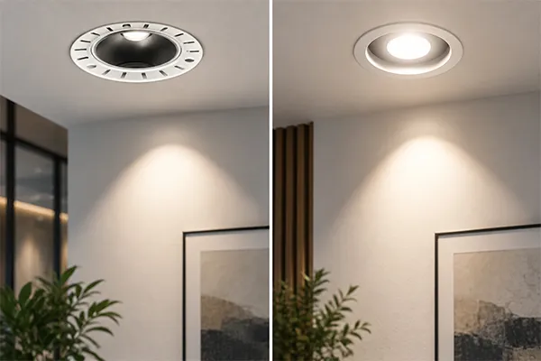 Anti-glare LED downlights versus standard recessed downlights Anti-glare LED downlights compared with standard recessed ceiling downlights