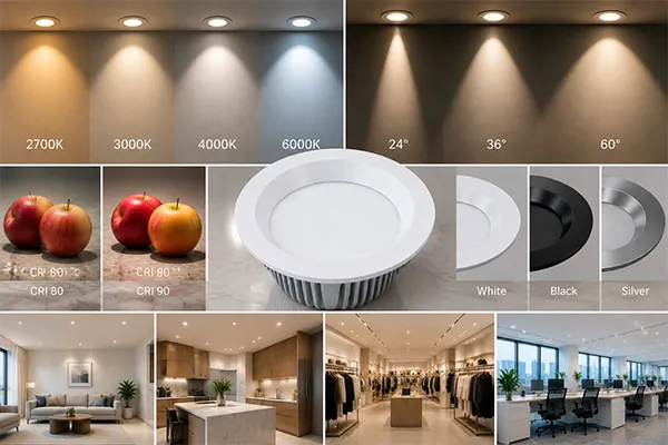LED downlight specification comparison LED downlight importers comparing beam angle CCT CRI and trim design