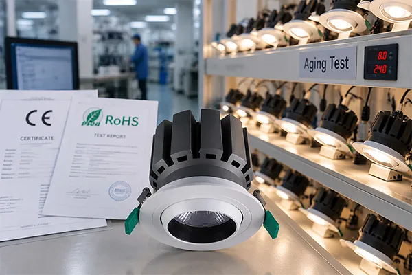 LED Downlight Certifications and Aging Tests LED downlight technology CE RoHS documentation and 100 percent aging test process