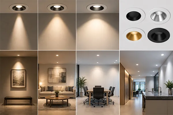 LED downlights with beam angle color temperature and trim options LED downlights showing different beam angles color temperatures and trim finishes