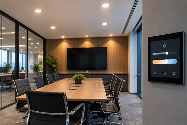 Smart LED downlights and dimming controls for commercial spaces Smart LED downlights with dimming controls in a commercial meeting room