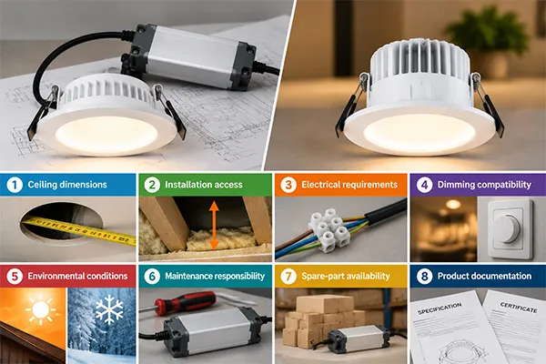 LED downlight driver configuration selection checklist LED downlight with external driver vs internal driver project selection checklist