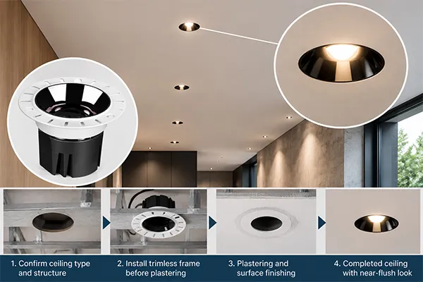 Trimless LED downlight installation coordination Trimless LED downlight installation planning for ceiling cut-out and plastering coordination