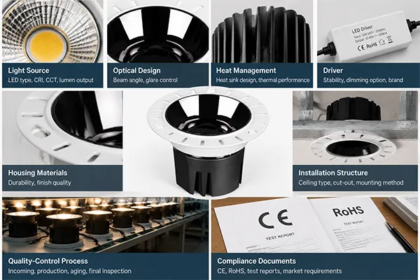 Trimless LED downlight quality inspection Trimless LED downlight quality evaluation including optics heat sink driver and housing