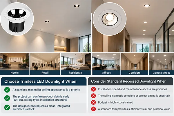 Trimless LED downlight project selection Trimless LED downlight design advantages for hospitality retail and residential projects