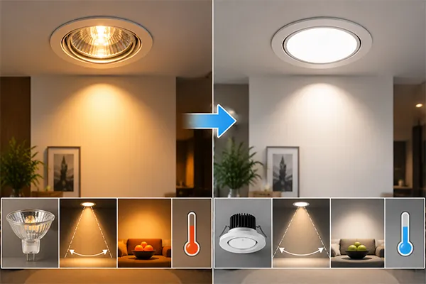 LED downlight versus halogen lighting lumen output and beam angle evaluation
