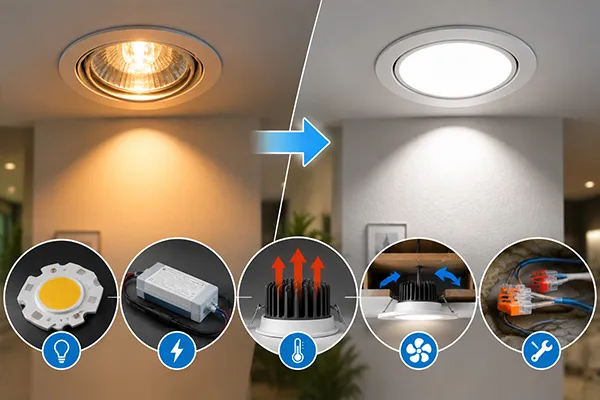 LED downlight thermal management and driver quality for halogen replacement