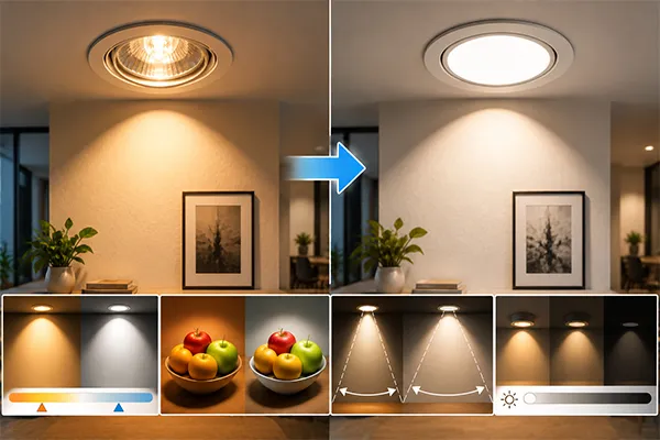 LED downlight color temperature CRI and beam angle compared with halogen lighting